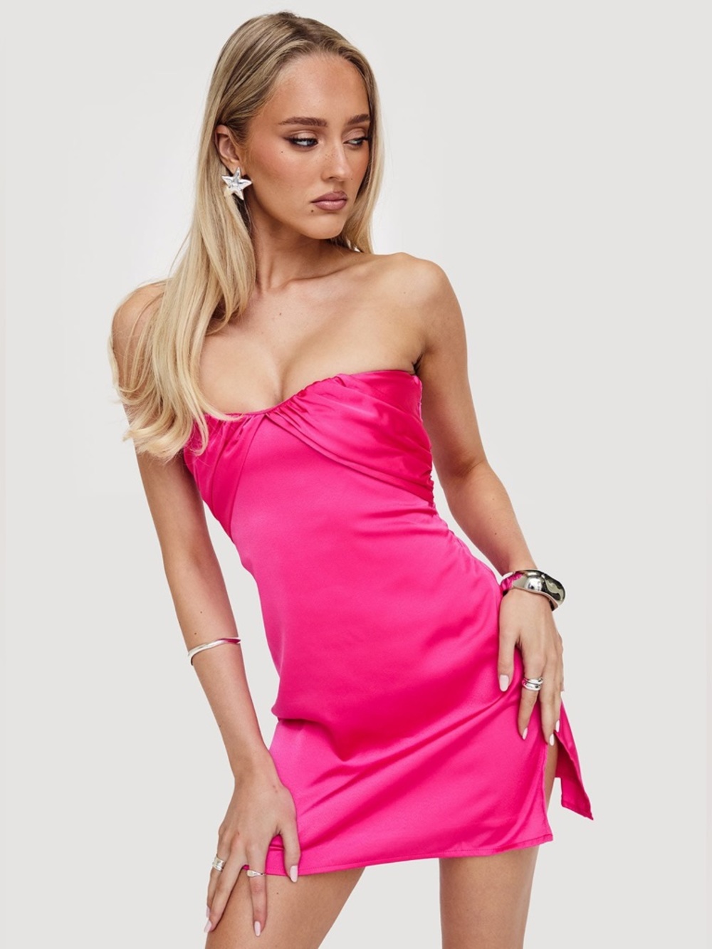 Princess Polly Strapless Hot Pink Satin Mini Dress